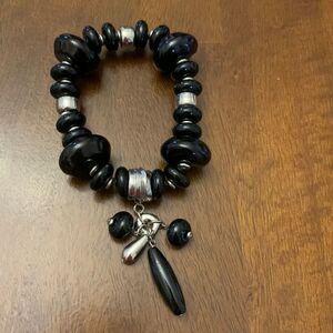 Black beaded bracelet with silver accents Stretch band